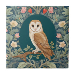 Barn Owl in Oval William Morris style Left facing Tile