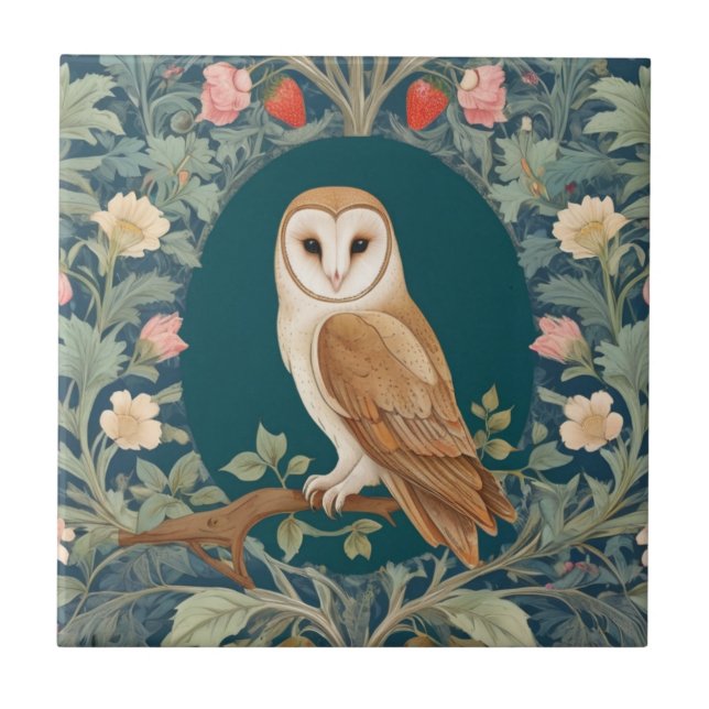 Barn Owl in Oval William Morris style Left facing Tile (Front)