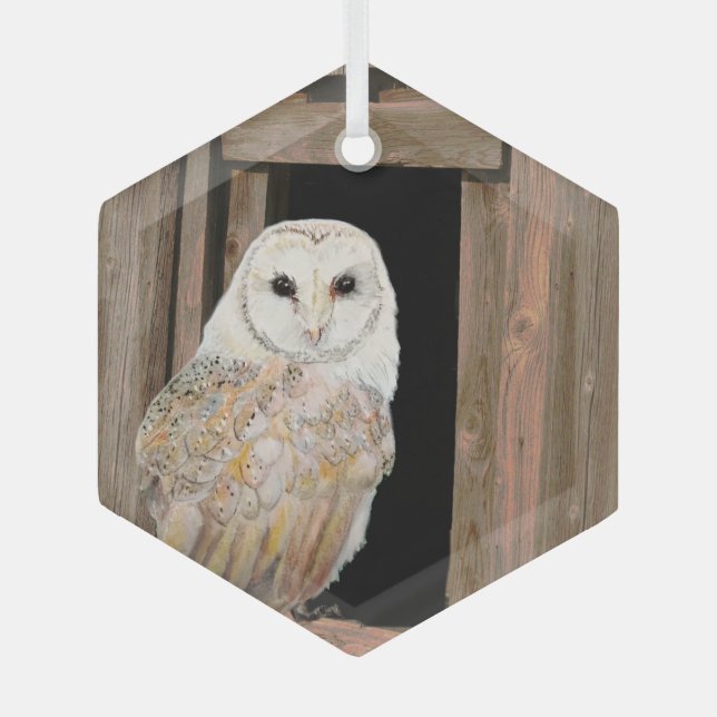 Barn Owl in Window Watercolor Art Glass Ornament (Front)