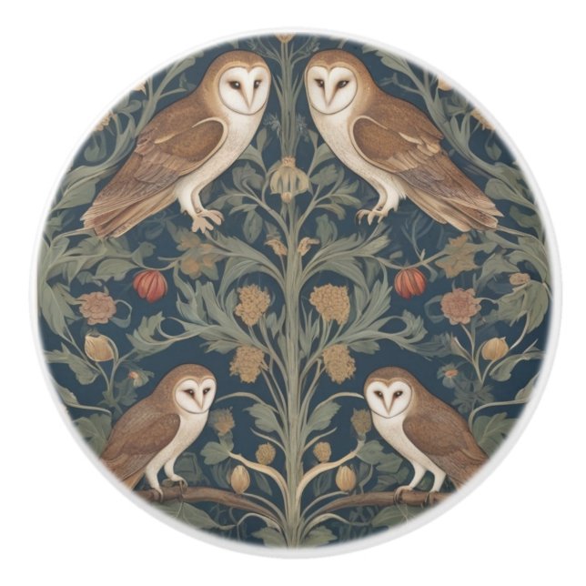 Barn Owl Pattern William Morris style Owls Ceramic Knob (Front)
