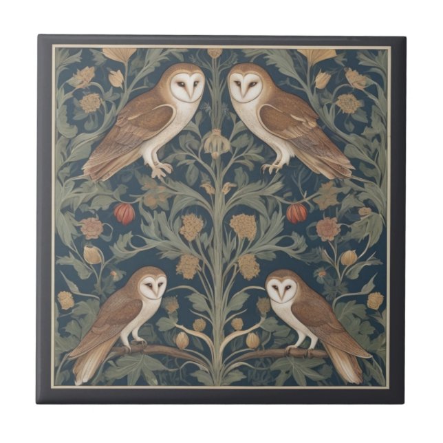 Barn Owl Pattern William Morris style Owls Tile (Front)