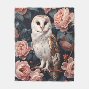 Barn Owl Perched Among Pink Roses Fleece Blanket