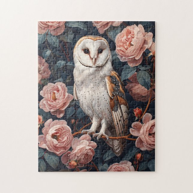 Barn Owl Perched Among Pink Roses Jigsaw Puzzle (Vertical)