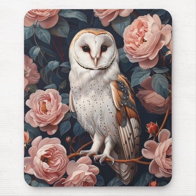 Barn Owl Perched Among Pink Roses Mouse Pad (Front)