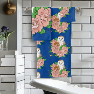Barn Owl Pink Flowers Blue Bath Towel Set