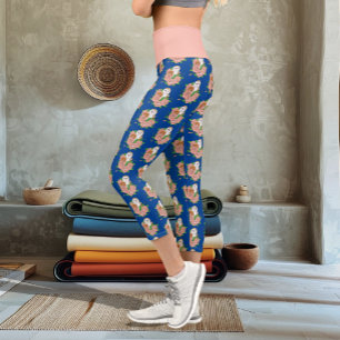 Barn Owl Pink Flowers Blue Capri Leggings
