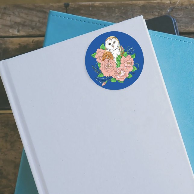 Barn Owl Pink Flowers Blue Classic Round Sticker (Creator Uploaded)