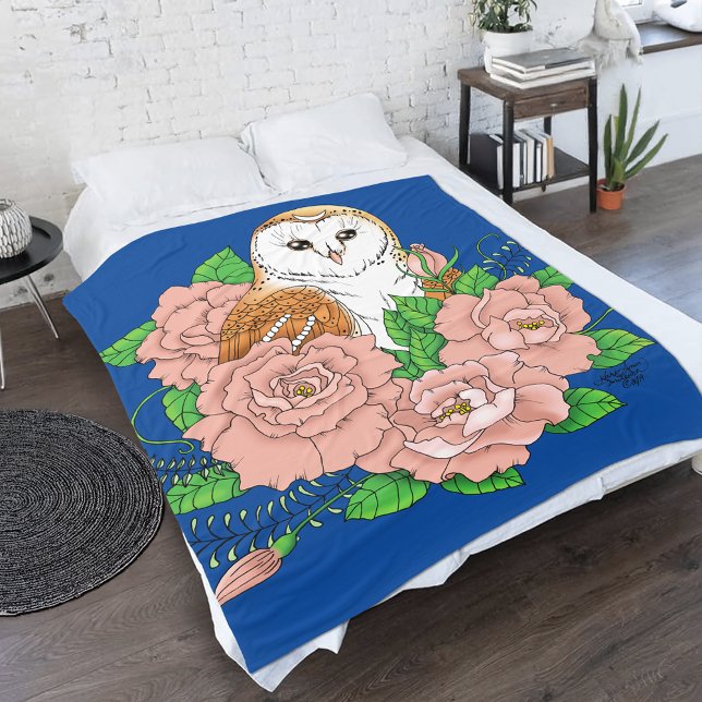 Barn Owl Pink Flowers Blue Fleece Blanket (Creator Uploaded)