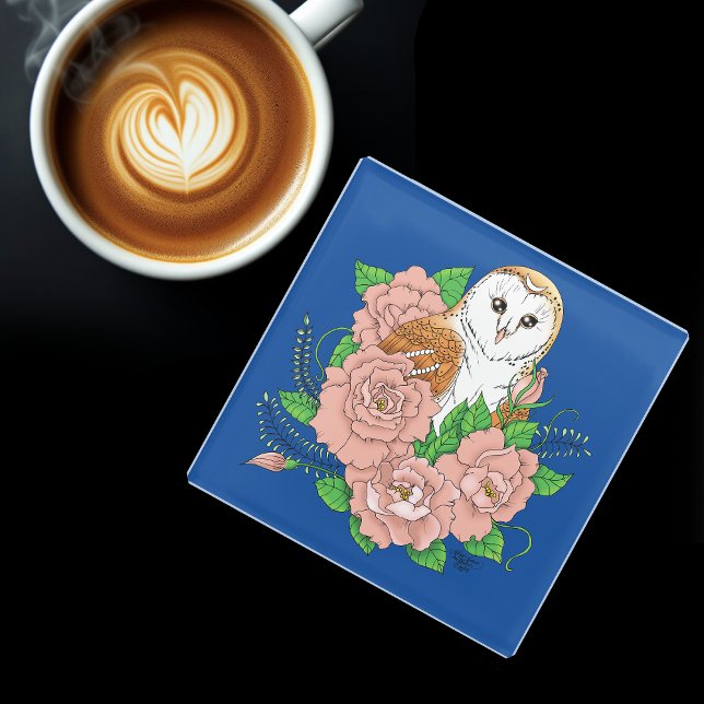 Barn Owl Pink Flowers Blue Glass Coaster (Creator Uploaded)