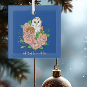 Barn Owl Pink Flowers Blue Glass Ornament