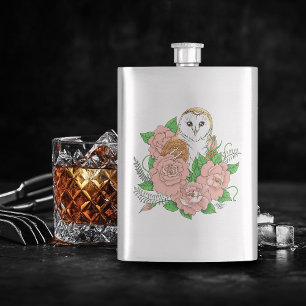 Barn Owl Pink Flowers Blue Hip Flask