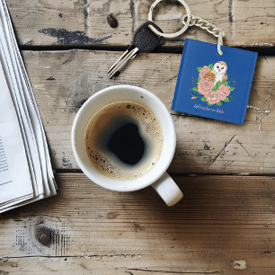 Barn Owl Pink Flowers Blue Keychain