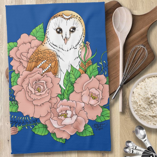 Barn Owl Pink Flowers Blue Kitchen Towel (Creator Uploaded)