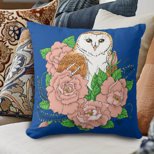 Barn Owl Pink Flowers Blue Throw Pillow
