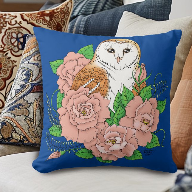 Barn Owl Pink Flowers Blue Throw Pillow (Creator Uploaded)