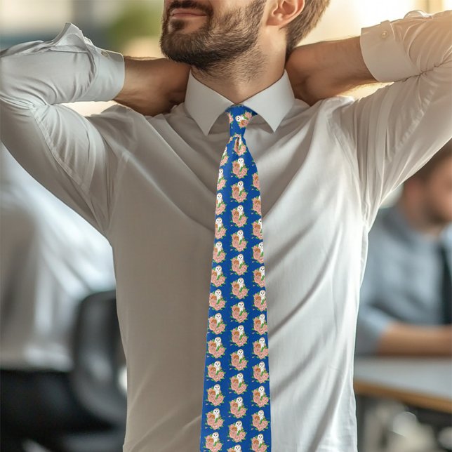 Barn Owl Pink Flowers Blue Tie (Creator Uploaded)
