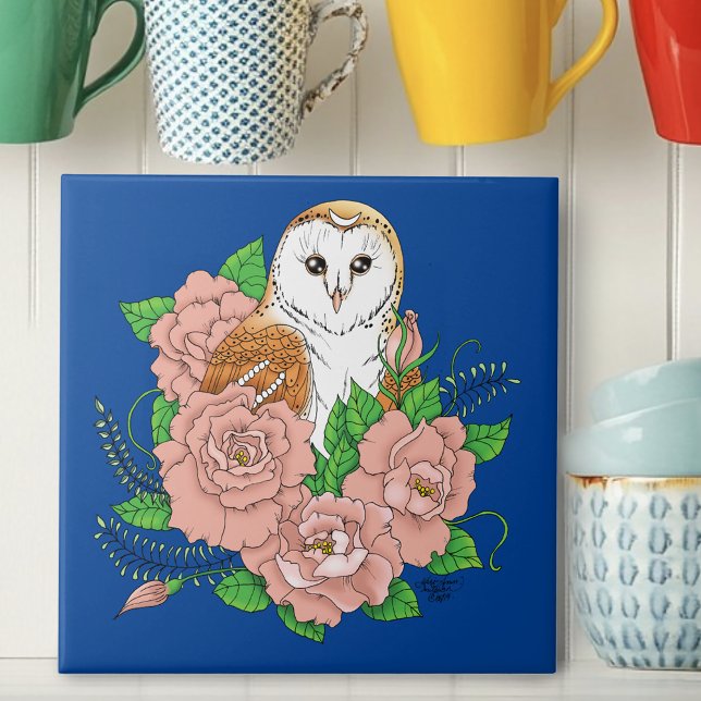 Barn Owl Pink Flowers Blue Tile (Creator Uploaded)