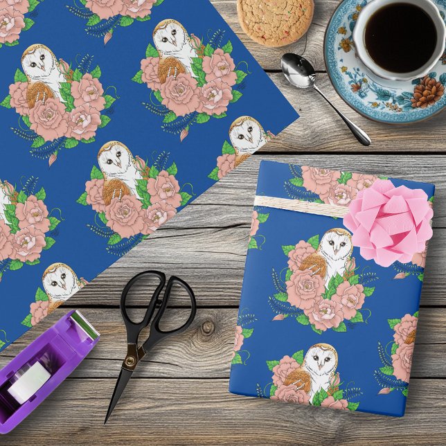 Barn Owl Pink Flowers Blue Wrapping Paper (Creator Uploaded)