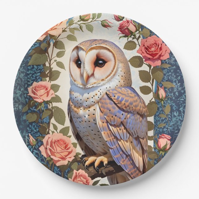 Barn Owl Pink Roses Foral Paper Plate (Front)