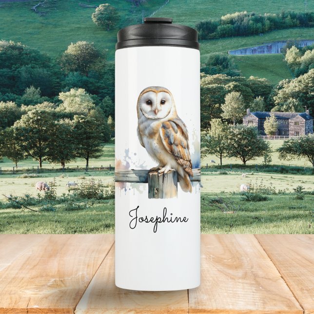 Barn Owl Watercolor Bird Illustration Personalized Thermal Tumbler (A thermal brown owl picture tumbler for keeping hot or cold drinks at the right temperature)