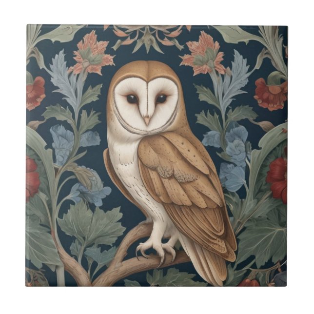 Barn Owl William Morris style Left facing Floral Tile (Front)