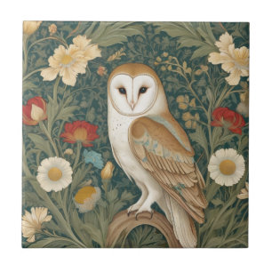 Barn Owl William Morris style Left facing Flowers Tile