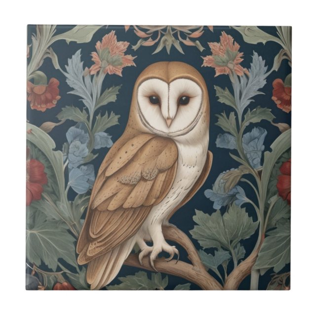 Barn Owl William Morris style Right facing Floral Tile (Front)