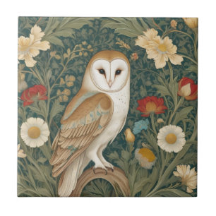 Barn Owl William Morris style Right facing Flowers Tile