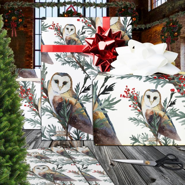 Barn Owls In A Juniper Tree Woodland Forest Wrapping Paper (Barn Owls In A Juniper Tree Woodland Forest Christmas Holiday Gift Wrapping Paper in 6 & 15 ' Rolls)