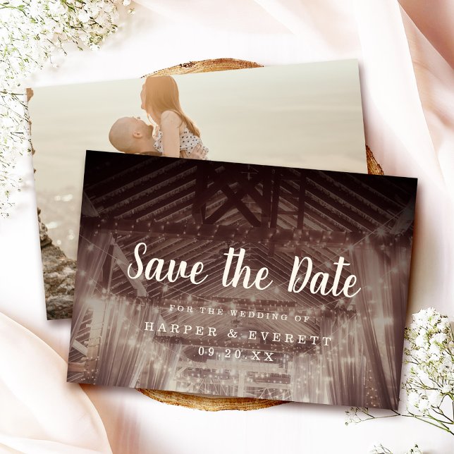 Barn Rafters with String Lights Rustic Wedding Save The Date (Announce your special day in style with this charming Rustic Barn Wedding Save the Date card!)