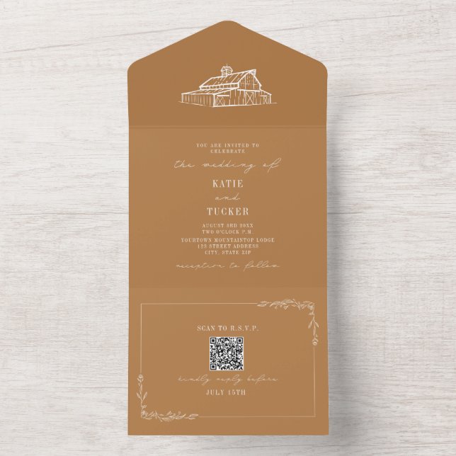 Barn Rustic Farm Wedding Goldenrod QR All In One Invitation (Inside)