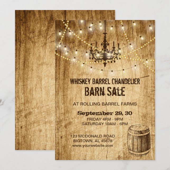 Barn Sale invitation with chandelier and barrel (Front/Back)