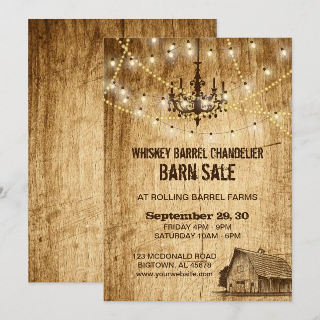 Barn Sale invitation with chandelier and lights (Front/Back)