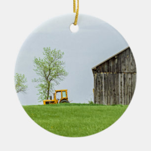 Barn Scene With Tractor Ceramic Ornament