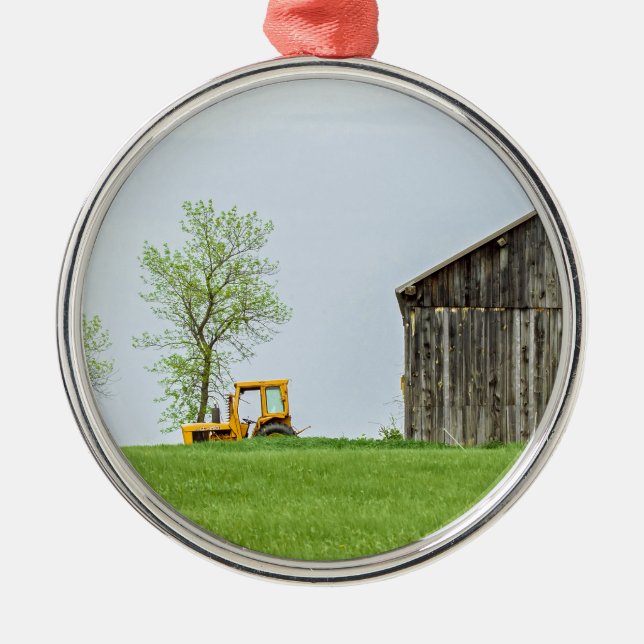 Barn Scene With Tractor Metal Ornament (Front)