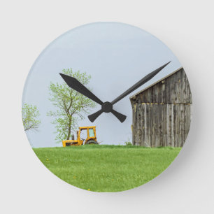 Barn Scene With Tractor Round Clock