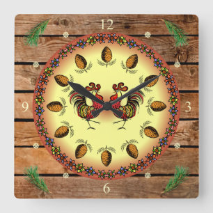Barn Sign ~ Hex Sign ~ 2 Roosters ~ Pine Cones ~ Square Wall Clock