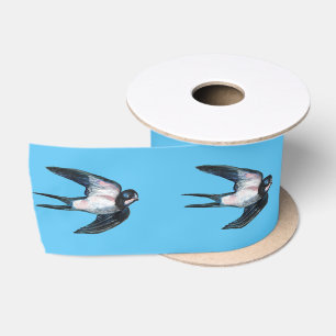 Barn Swallow Flying Illustration Sky Blue Satin Ribbon