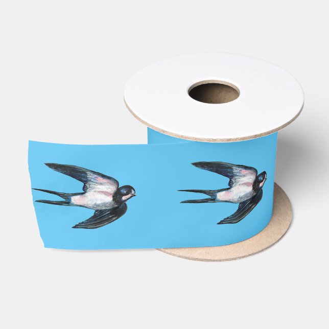 Barn Swallow Flying Illustration Sky Blue Satin Ribbon (Spool)