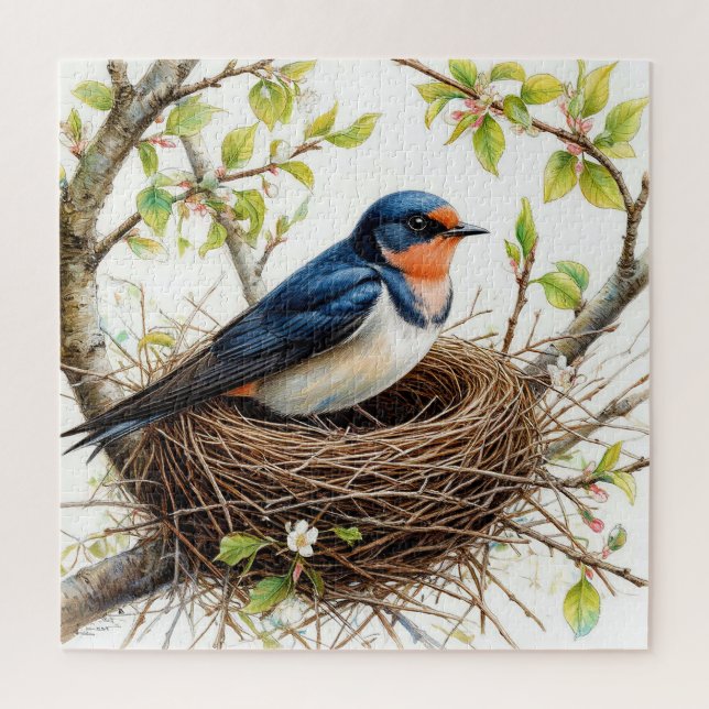 Barn Swallow Nesting on a Blossom-Covered Branch Jigsaw Puzzle (Vertical)