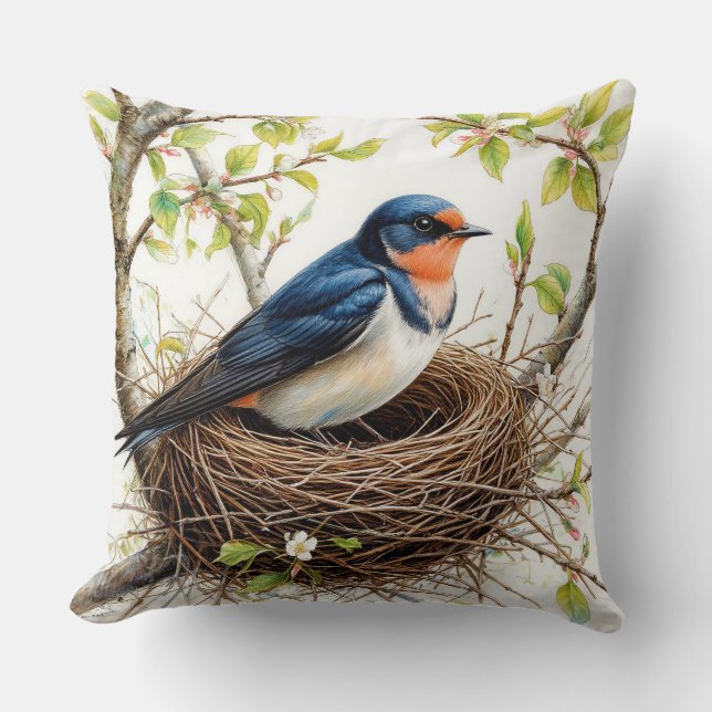 Barn Swallow Nesting on a Blossom-Covered Branch Throw Pillow (Front)