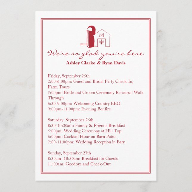 Barn Wedding WEEKEND ITINERARY Card (Front)