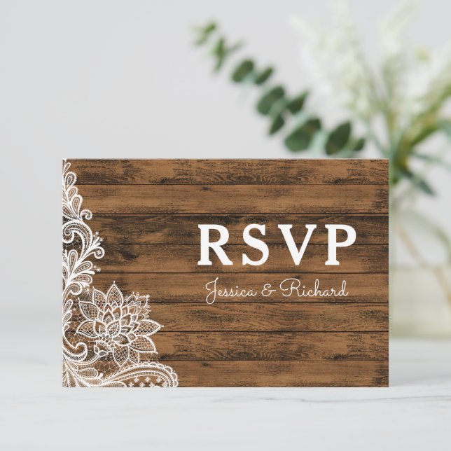 Barn Wood and Lace Wedding RSVP Announcement (Standing Front)