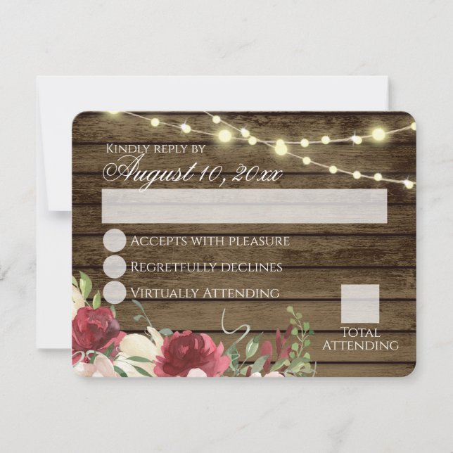 Barn Wood and String Lights Burgundy Floral RSVP I Invitation (Front)