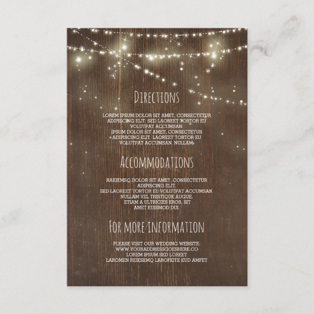 Barn Wood ans String Lights Wedding Information Enclosure Card (Front)