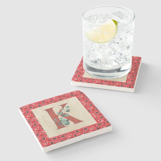 Barn Wood & Bandana Letter K   Stone Coaster (Side)