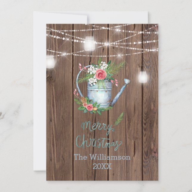 Barn Wood Brush Script  Merry Christmas Floral  Holiday Card (Front)