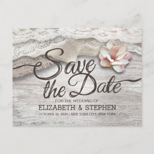 Barn Wood Burlap Lace Floral Wedding Save The Date Announcement Postcard