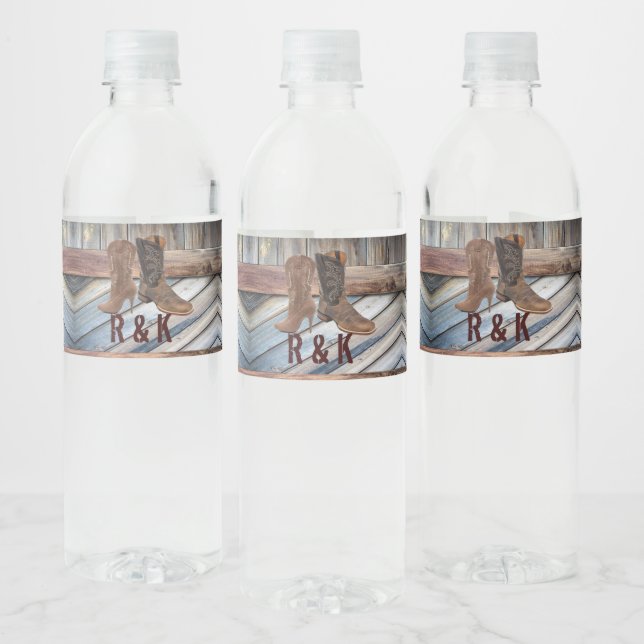 barn wood Cowboy Boots Western country Wedding Water Bottle Label (Bottles)