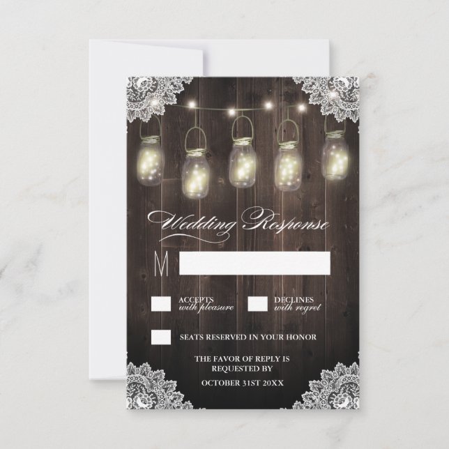 Barn Wood et dentelle Mason Jar Wedding Cartes RSV (Devant)